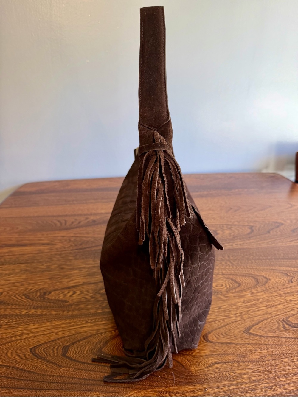 Haute Hippie Rich Espresso Croc-Embossed Suede Shoulder Bag with Fringe - Picture 3 of 9